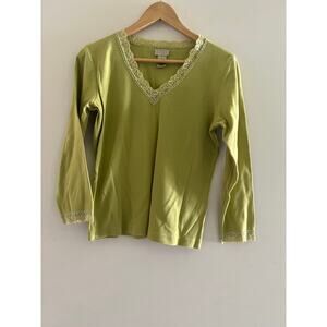 Sigrid Olsen Sport Lime Green Long Sleeve Shirt w Lace Detail Size Medium JL
